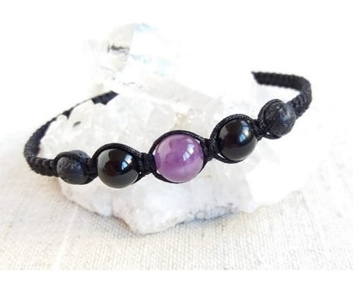 Pulsera Centro Amatista con Ónix y Volcánica Tejido