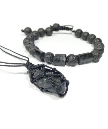 Set Pulsera + Collar Turmalina Negra Macrame