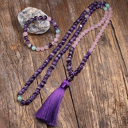 Japa Mala Amatista Cuarzo Rosa + Pulsera - Image 2
