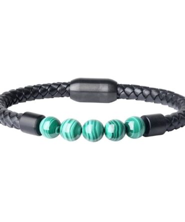 Pulsera en cuero con malaquita y cierre magnetico