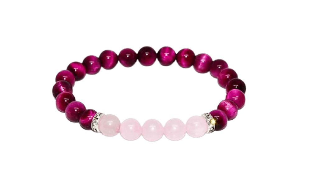 Pulsera Ojo De Tigre Fucsia y Cuarzo Rosa