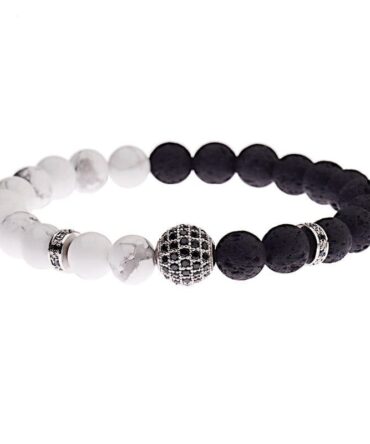 Pulsera Yin Yang Howlita Volcánica Esfera Rodio